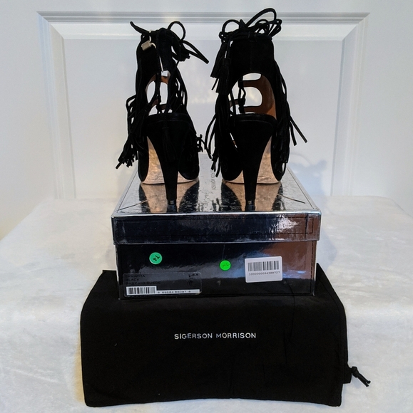 Sigerson Morrison Sandal Suede Fringe Ankle Wrap Ghillie Tie Heel Black 8.5 NIB - Picture 8 of 8